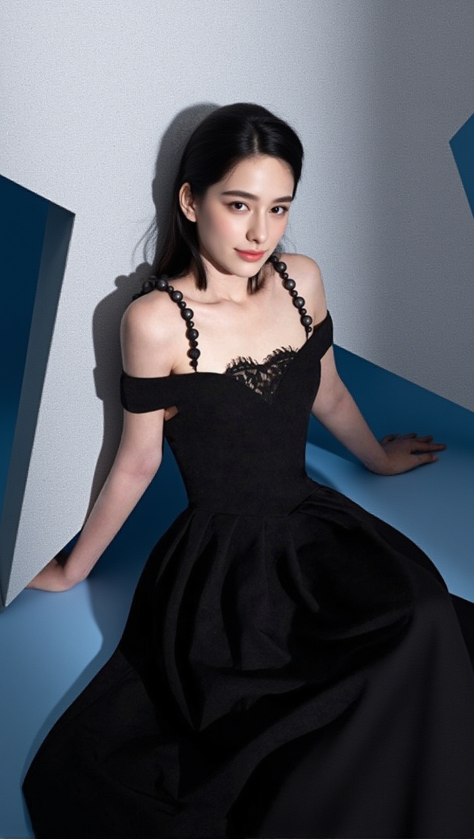 AMY LACE V-NECK PEARL STRAP MIDI MIDI DRESS IN BLACK