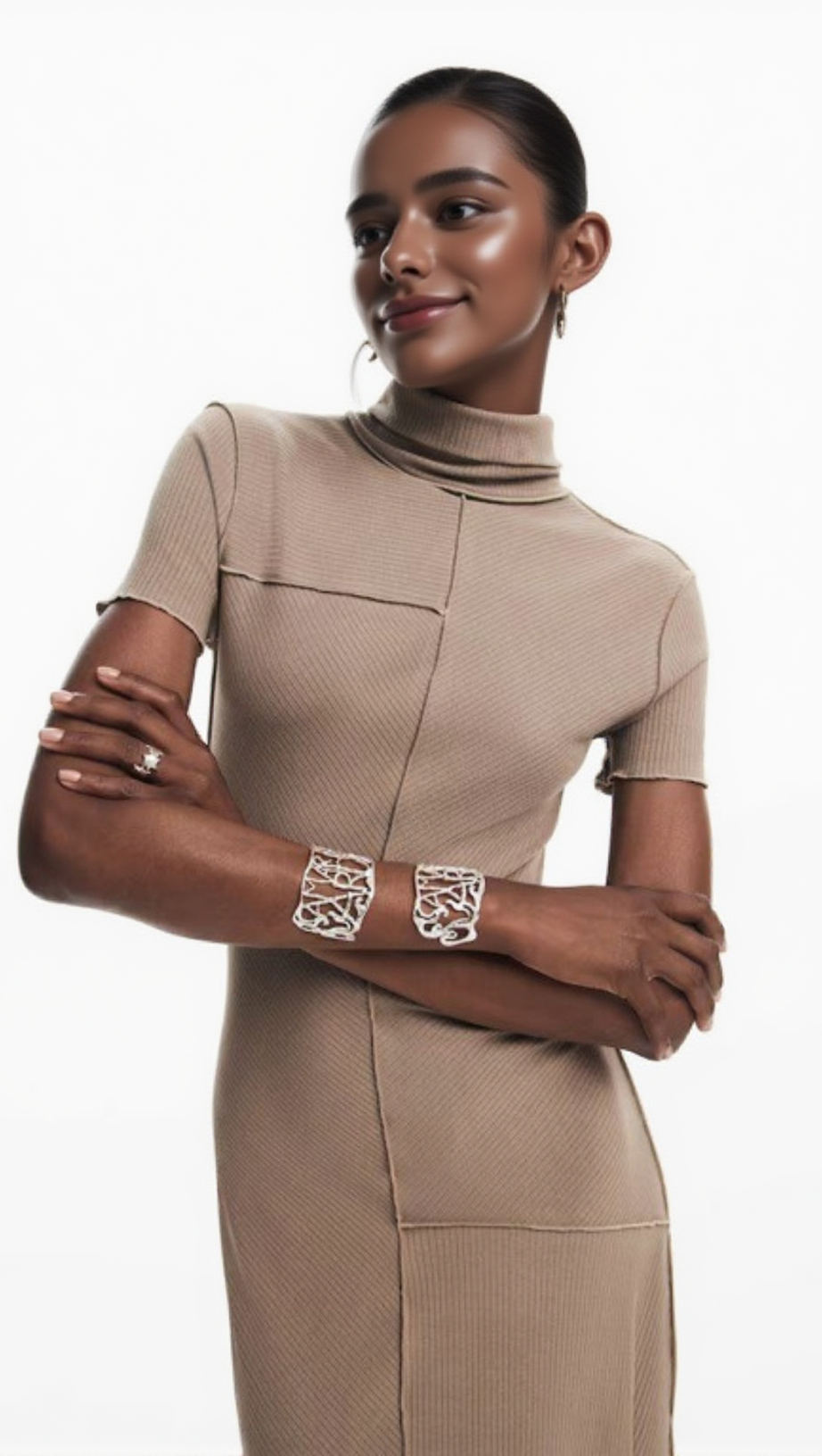 CAMEL BODYCON MIDI DRESS WITH HIGH NECK