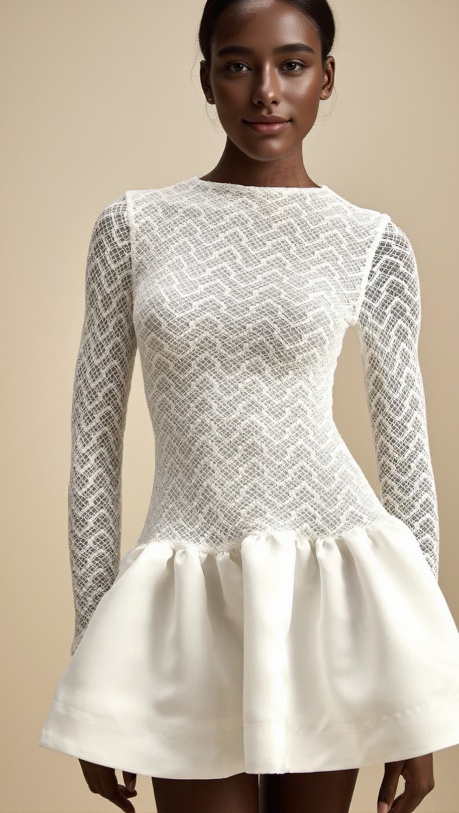 LACE PATCHWORK PUFF MINI DRESS IN WHITE