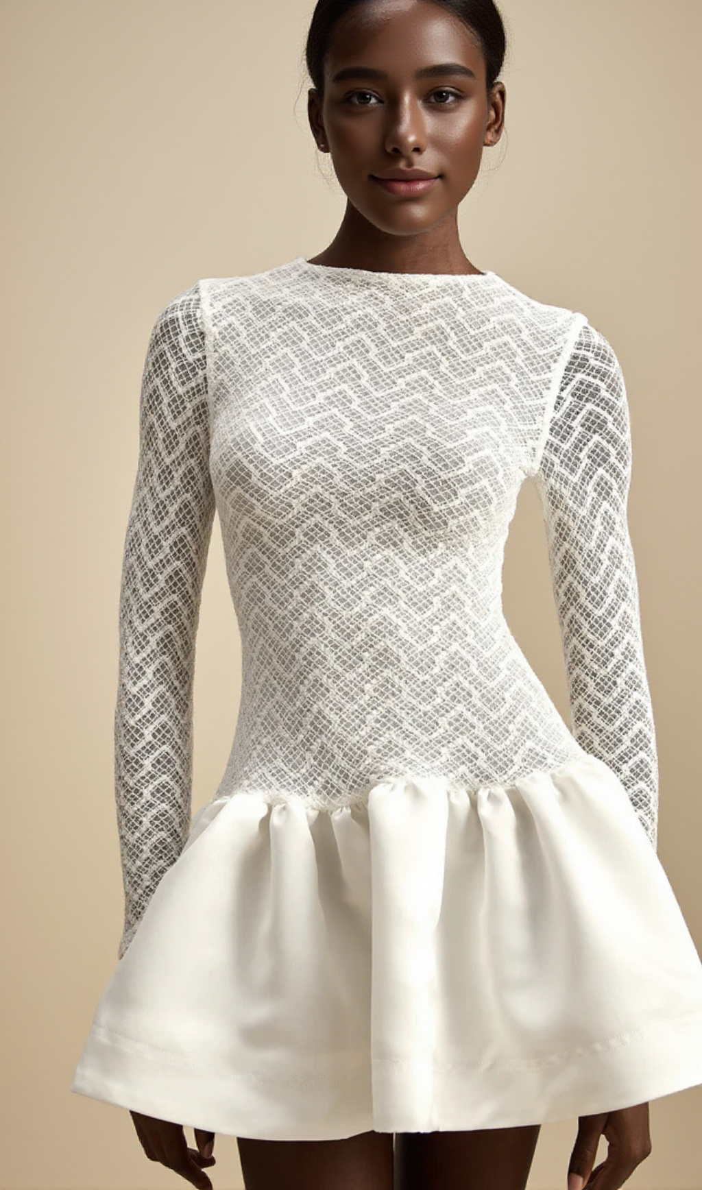 Lace Patchwork Puff Mini Dress in white
