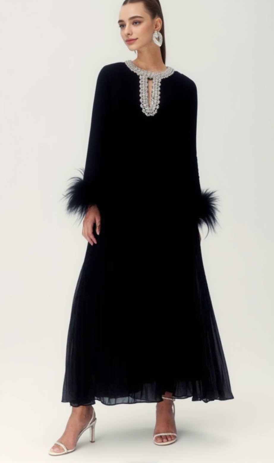Manja Diamante Chiffon Feather Maxi Dress - Black