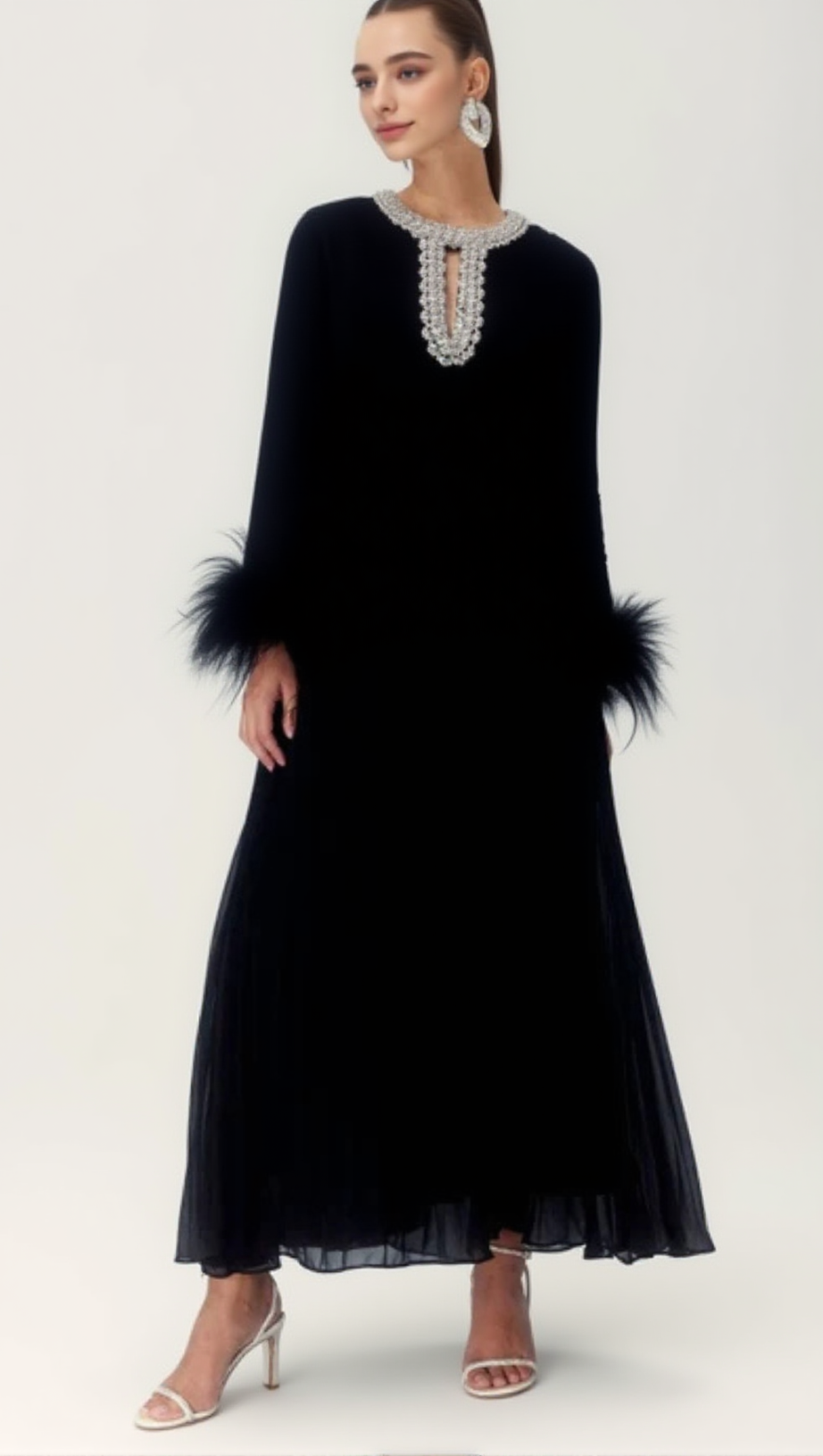 MANJA DIAMANTE CHIFFON FEATHER MAXI DRESS - BLACK