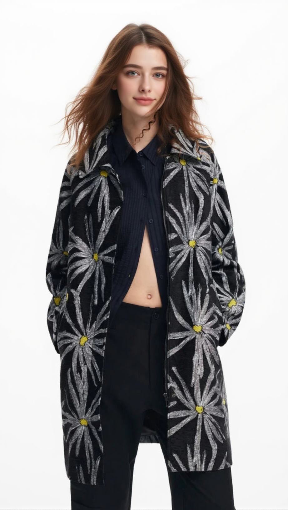 DAISY PRINT COAT IN BLACK