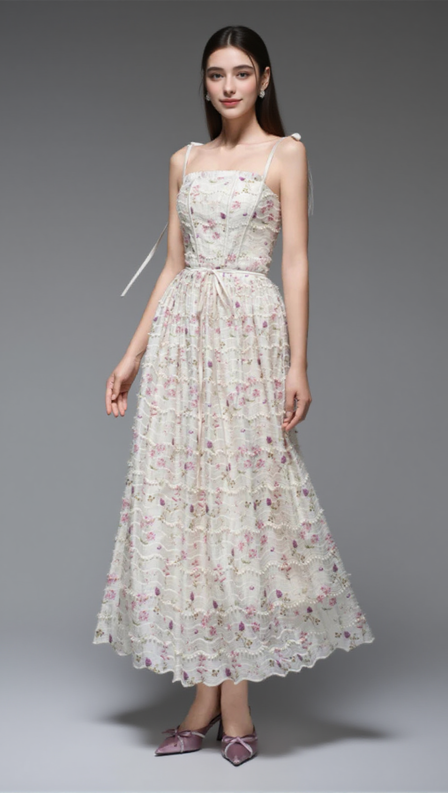 FLORAL PRINT A-LINE SQUARE NECK MAXI DRESS