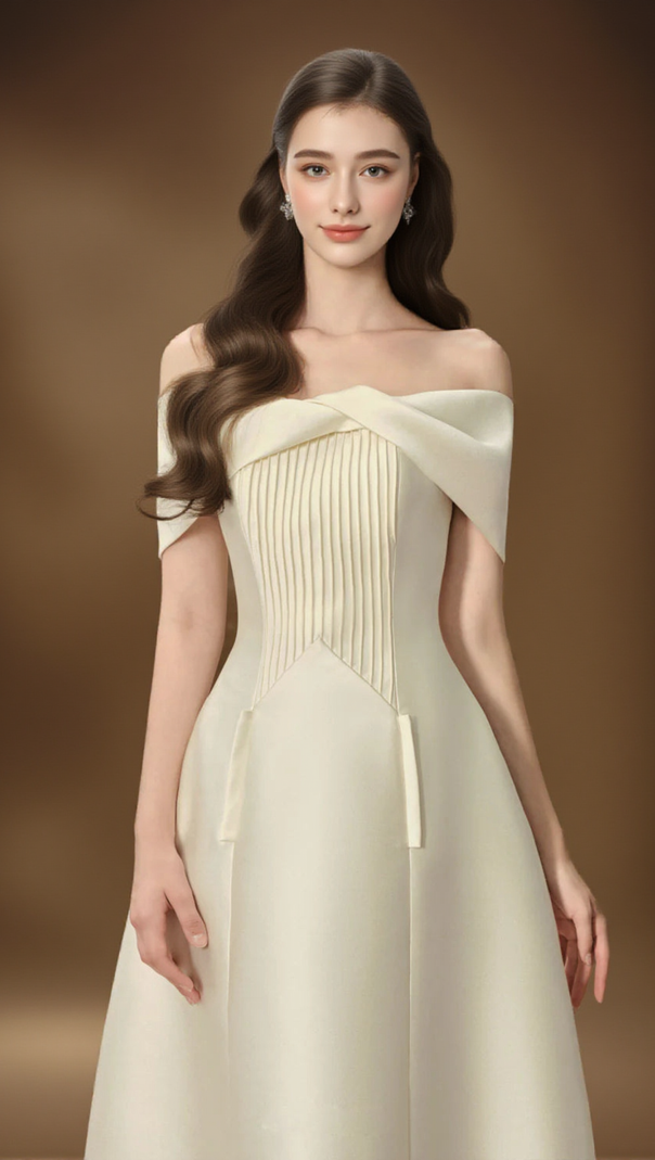 AIIZIE HEBERA A-LINE OFF-SHOULDER MIDI DRESS IN CREAM - product image