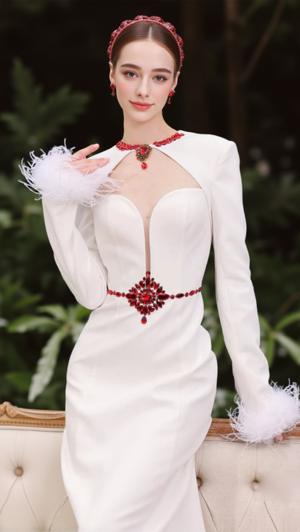 AIIZIE RHINESTONE CUT-OUT FEATHER MIDI DRESS IN WHITE - product image