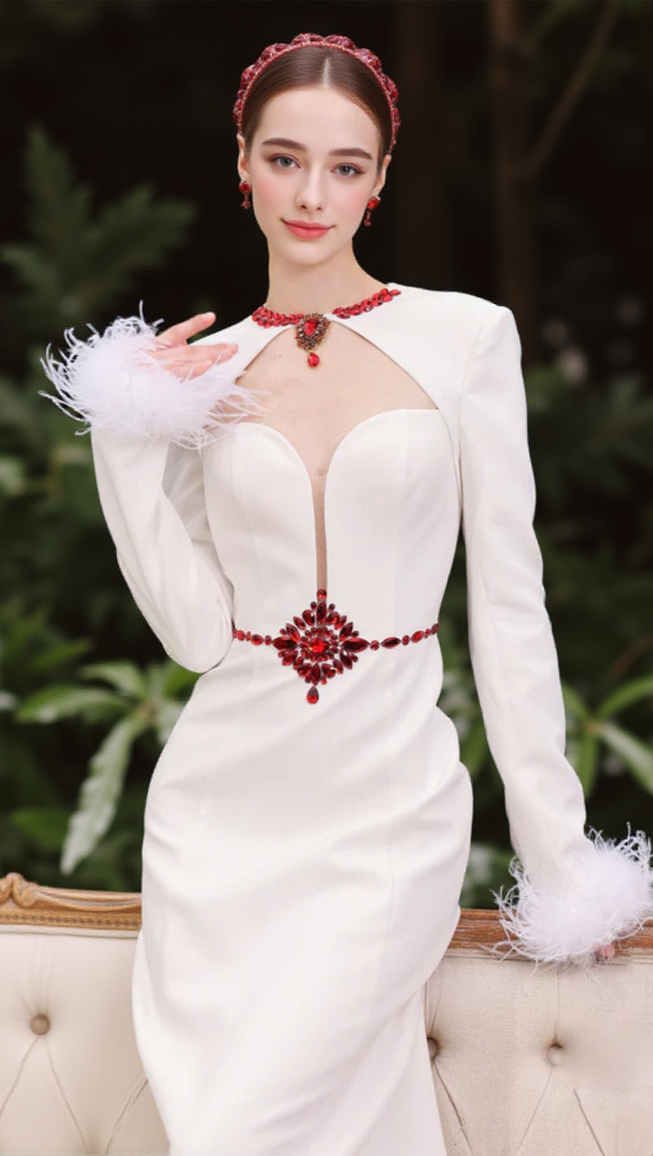 RHINESTONE CUT-OUT FEATHER MIDI DRESS IN WHITE