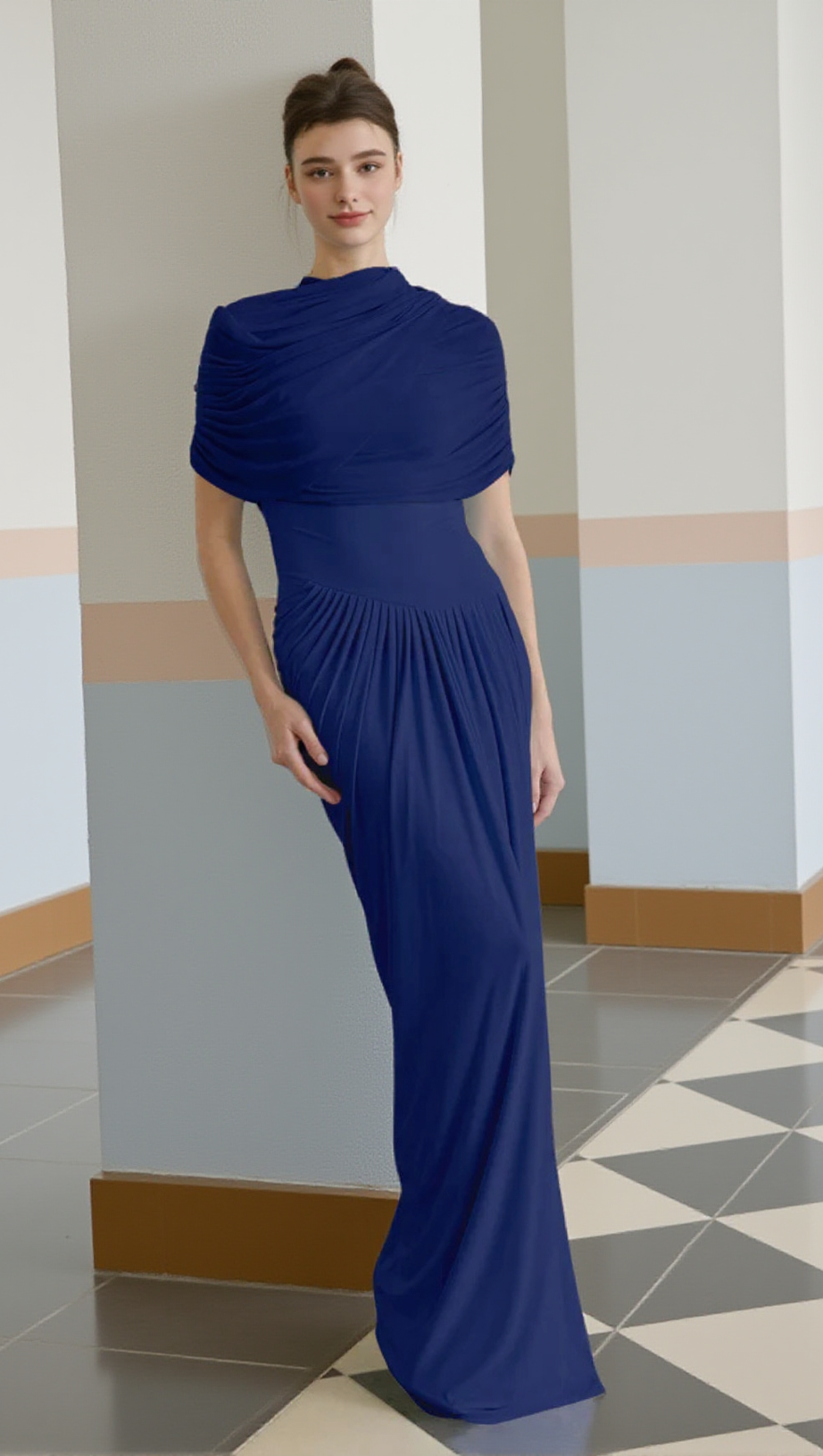 AAKIFA ASYMMETRIC DRAPED MAXI DRESS IN NAVY BLUE