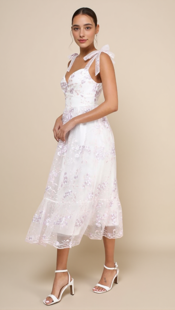 AIIZIE FLORAL EMBROIDERED TIE-STRAP MIDI DRESS IN WHITE - product image