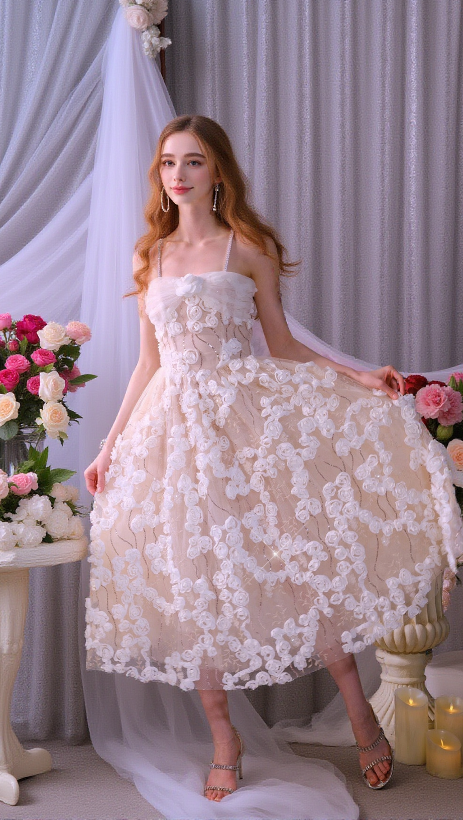 STEREOSCOPIC FLOWER RHINESTONE CHAIN MAXI DRESS IN WHITE