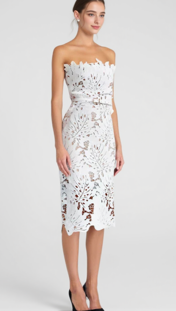 AIIZIE OFF-SHOULDER WHITE FLORAL LACE MIDI DRESS - product image