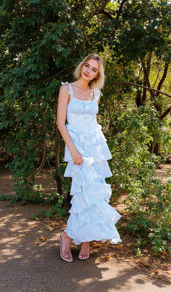 Light blue suspender cake maxi dress