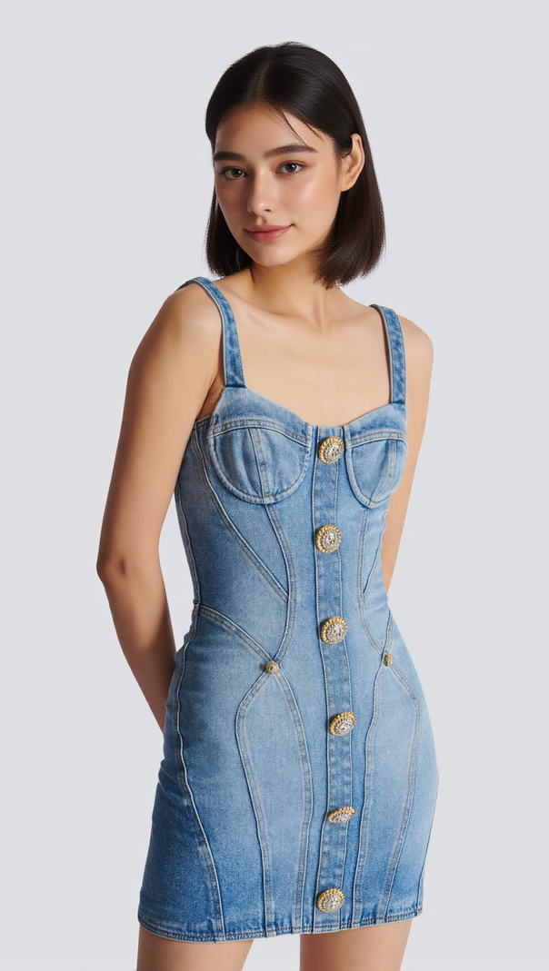 AIIZIE BUTTONED DENIM MINI DRESS IN BLUE - product image