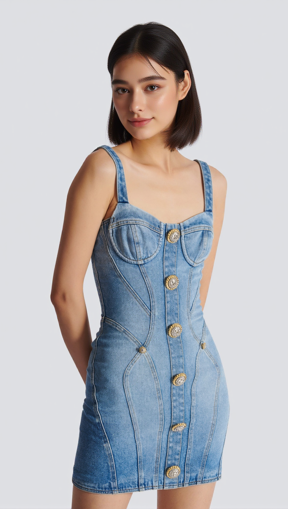 BUTTONED DENIM MINI DRESS IN BLUE