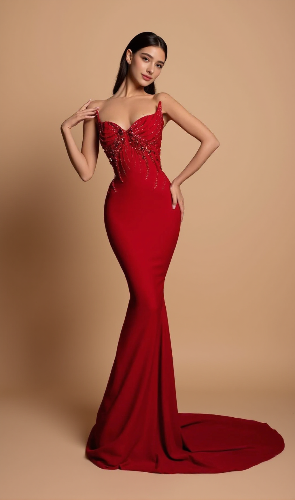 BOW EMBELLISHED STRAPLESS MAXI DRESS IN RED