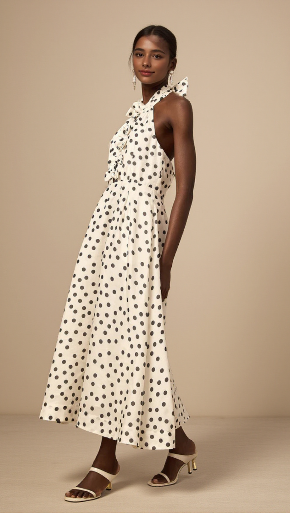 BOW POLKA DOT HALTER NECK MIDI DRESS IN WHITE