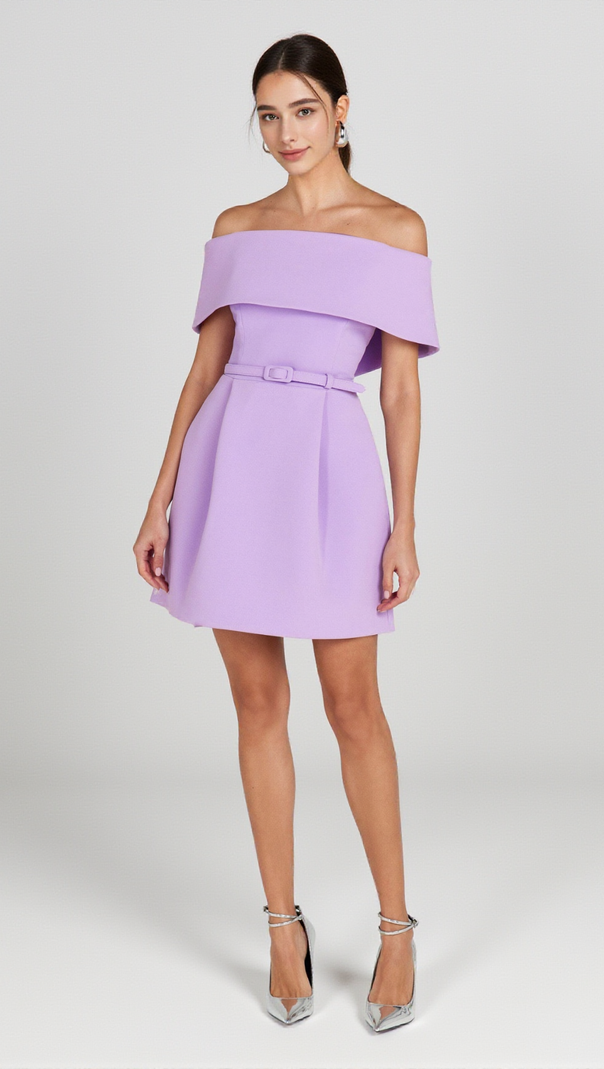 AIIZIE BELTED OFF-SHOULDER A-LINE MINI DRESS IN PURPLE - product image