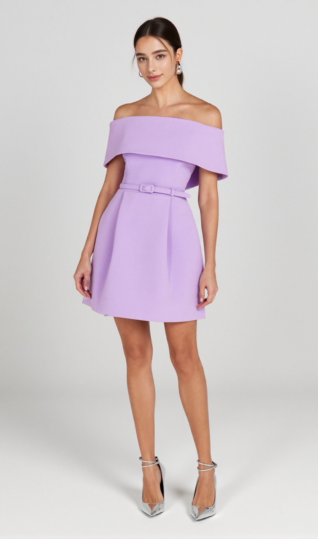 MINI ABITO A TRAPEZIO CON CINTURA E SPALLE SCOPERTE VIOLA