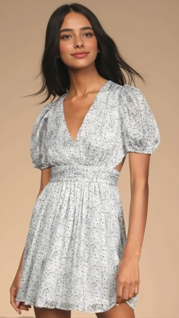 AIIZIE BUDDING LOVE WHITE FLORAL PRINT PUFF SLEEVE CUTOUT MINI DRESS - product image