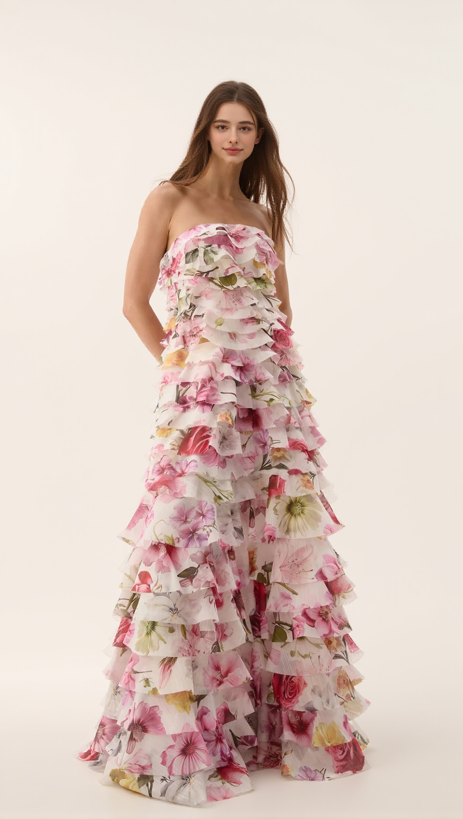 YETTA STRAPLESS FLORAL PRINTED LAYERED MAXI DRESS