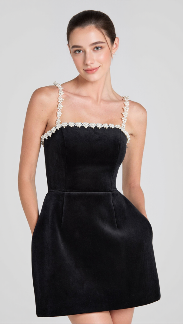 AIIZIE PEARL EMBELLISHED STRAP MINI DRESS IN BLACK - product image