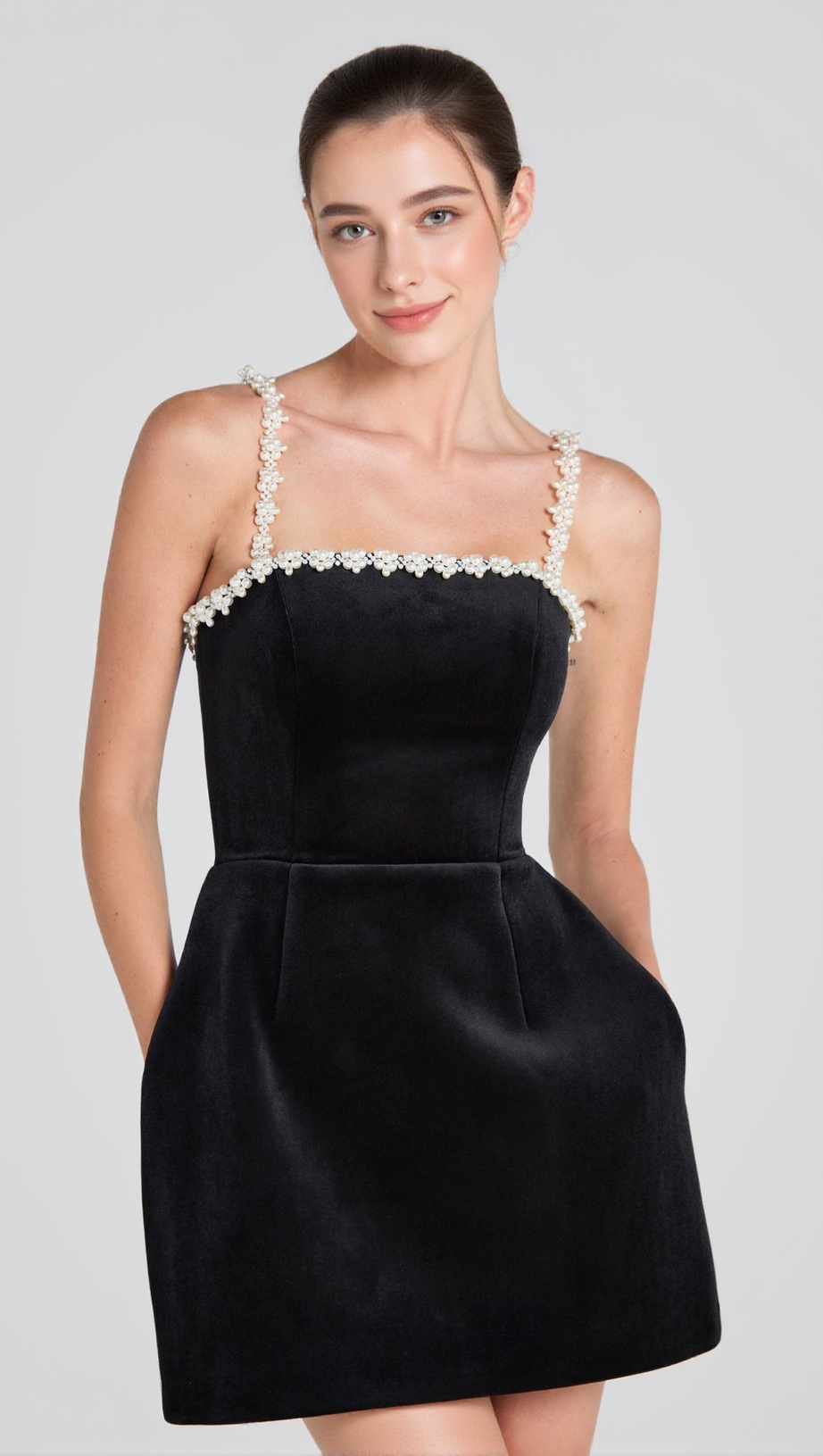 PEARL EMBELLISHED STRAP MINI DRESS IN BLACK