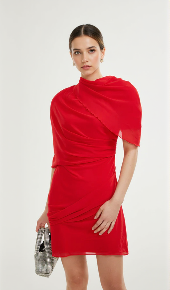 AIIZIE CLARABELLE RUCHED DRAPED MINI DRESS IN RED - product image