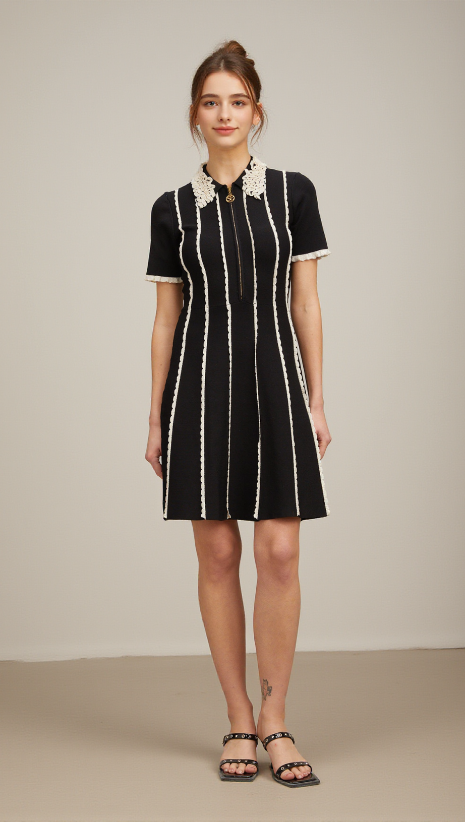 ZAZIE BLACK VERTICAL-STRIPED RUFFLE-TRIM KNIT MINI DRESS