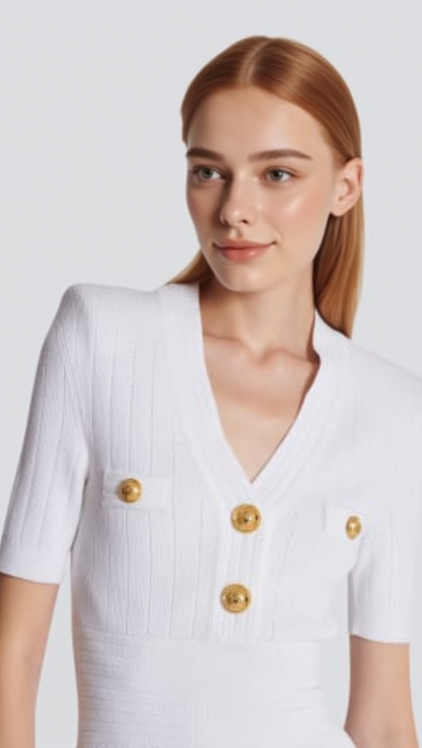 AIIZIE TARA WHITE SHORT KNITTED MINI DRESS WITH GOLD BUTTONS - product image