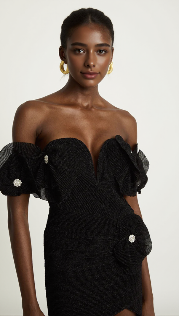AIIZIE XAVIERA STRAPLESS FLORAL WRAP HIP MINI DRESS IN BLACK - product image
