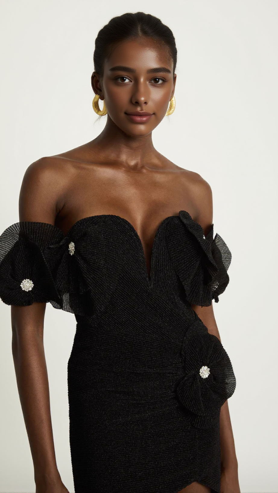 XAVIERA STRAPLESS FLORAL WRAP HIP MINI DRESS IN BLACK