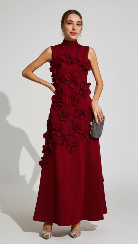 ANNONA RED FLOWER EMBELLISHED MAXI DRESS