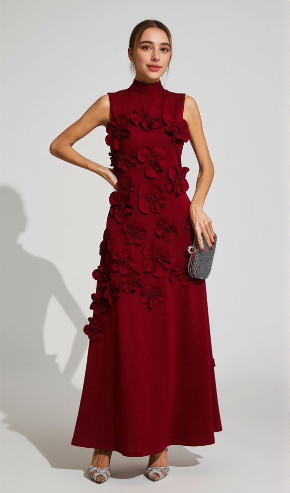 AIIZIE ANNONA RED FLOWER EMBELLISHED MAXI DRESS - product image