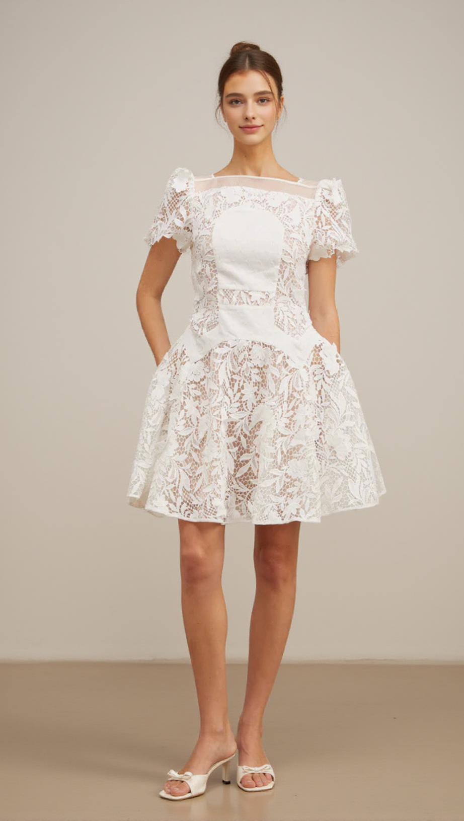 ROSE SLEEVE LACE HOLLOW MINI DRESS IN WHITE