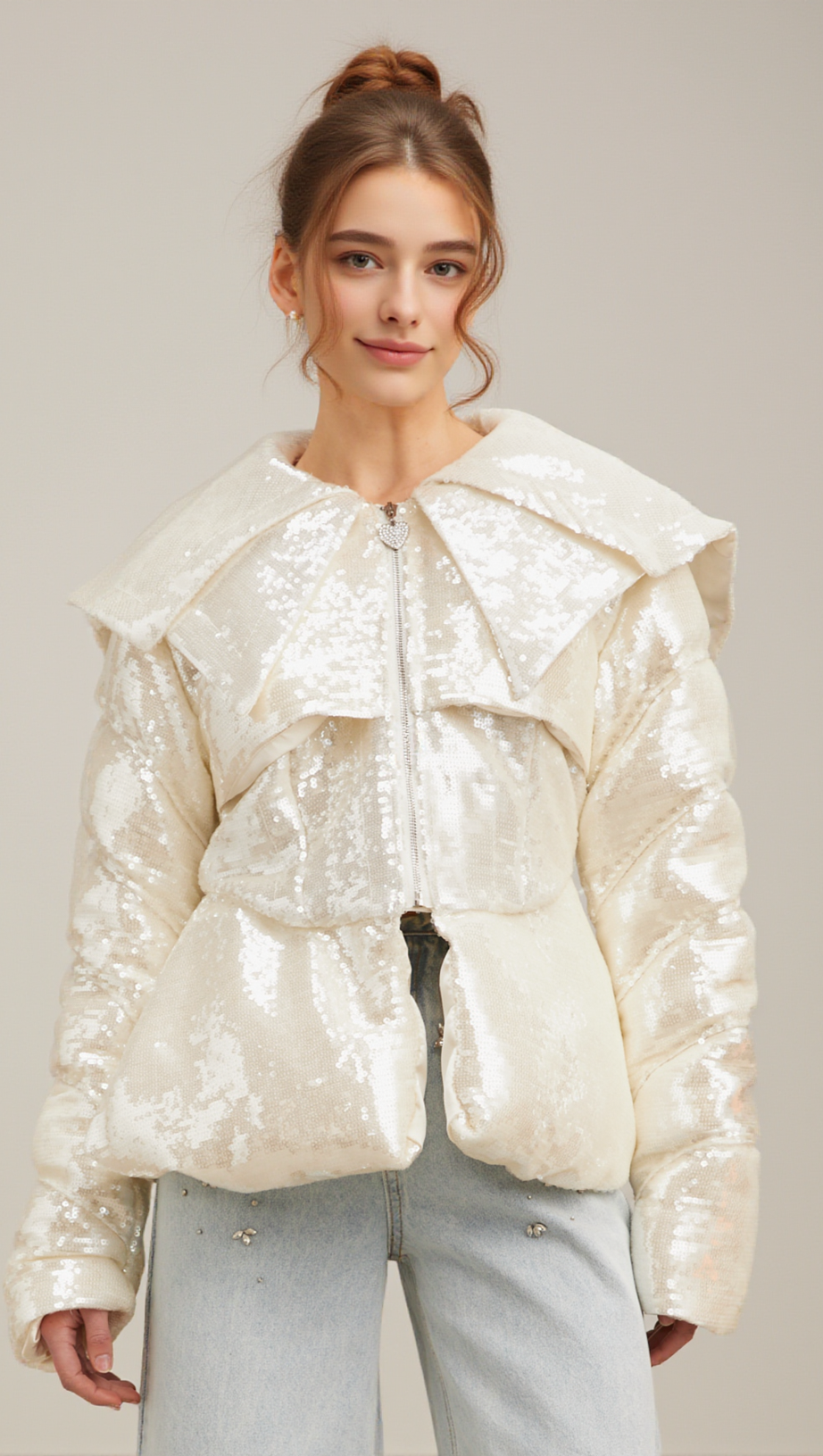 JOSLYN WHITE SEQUINED DOWN COAT