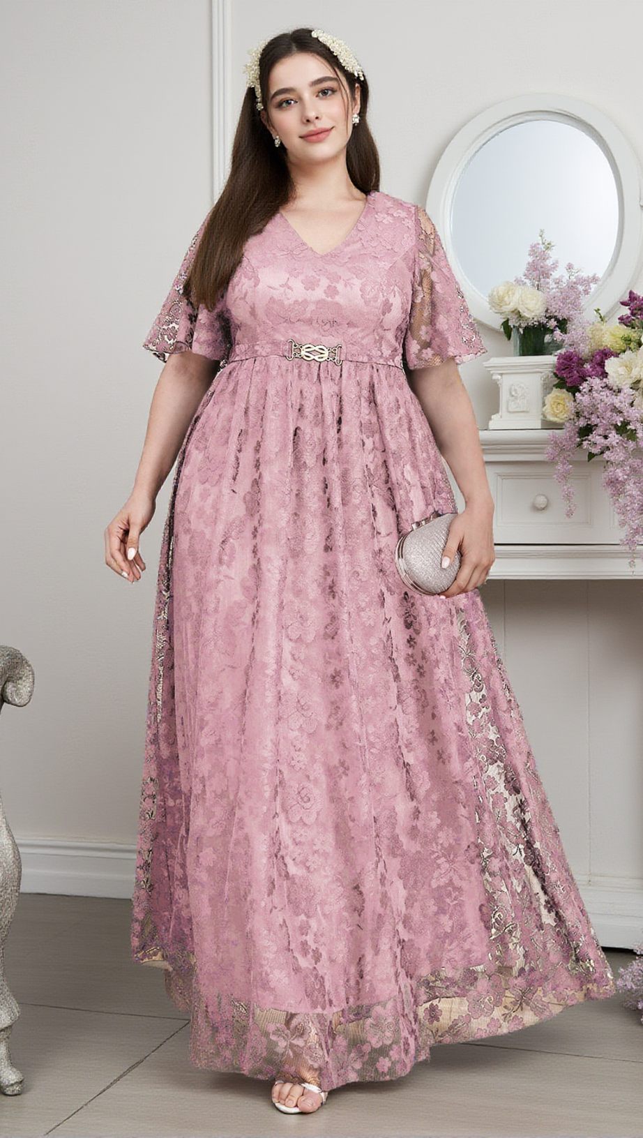 Priscilla Maxikleid mit V-Ausschnitt und Spitze 