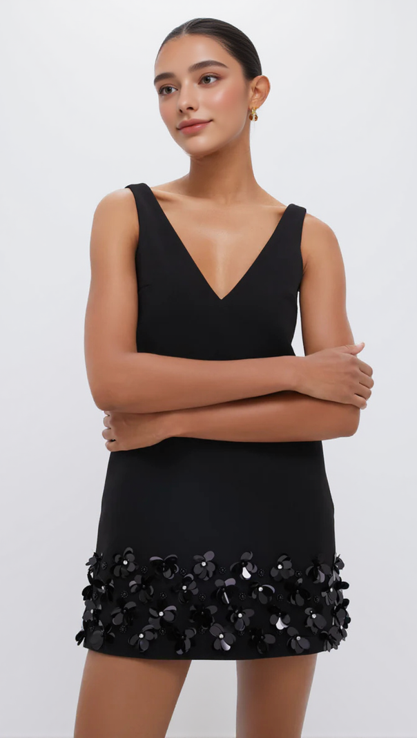 AIIZIE FLOWER SLEEVELESS V-NECK MINI DRESS IN BLACK - product image