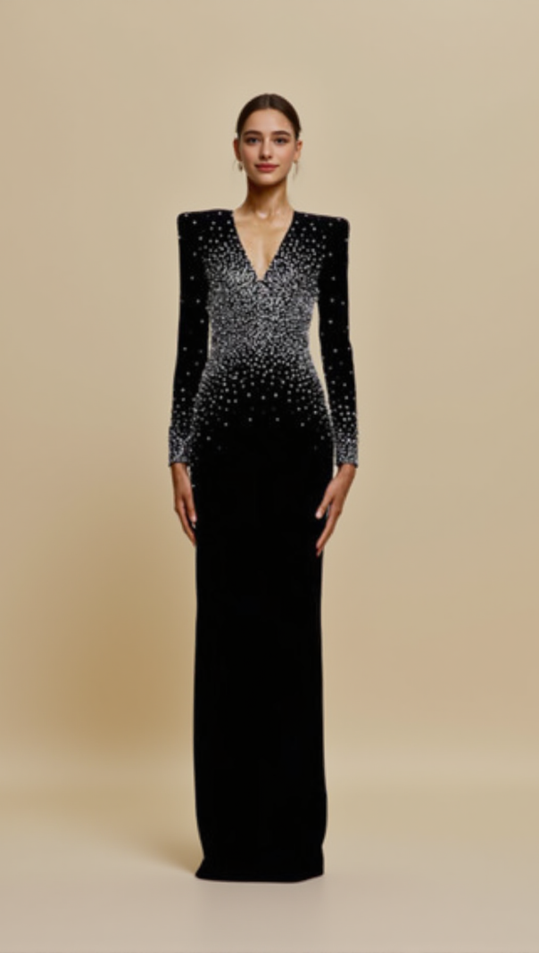 AIIZIE PEARL EMBELLISHED V-NECK MAXI DRESS IN BLACK - product image