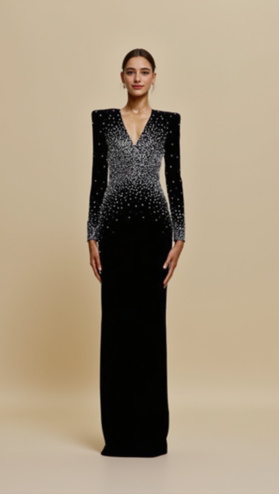 PEARL EMBELLISHED V-NECK MAXI DRESS IN BLACK