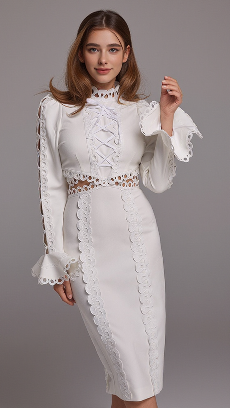 HOLLOW LACE MIDI DRESS IN WHITE