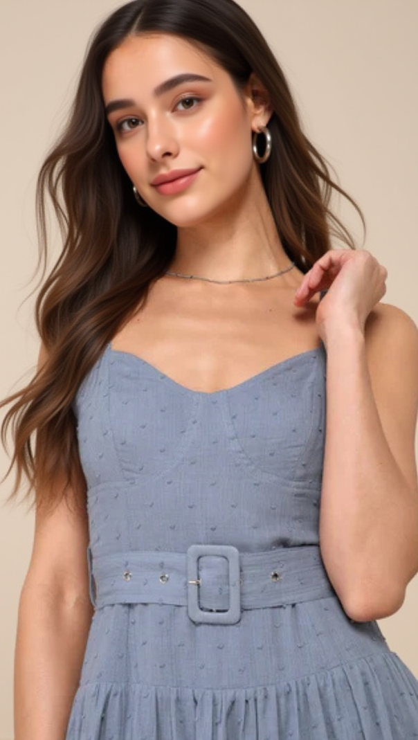 AIIZIE SLATE BLUE SWISS DOT BUSTIER TIERED MIDI DRESS - product image