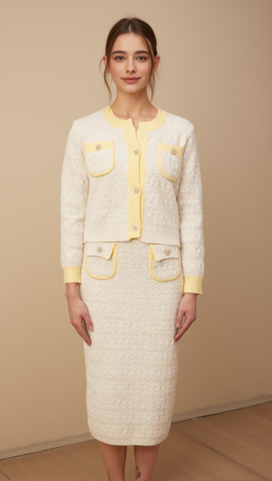 JESSIE WHITE TEXTURED KNIT CARDIGAN & SKIRT MATCHING SET