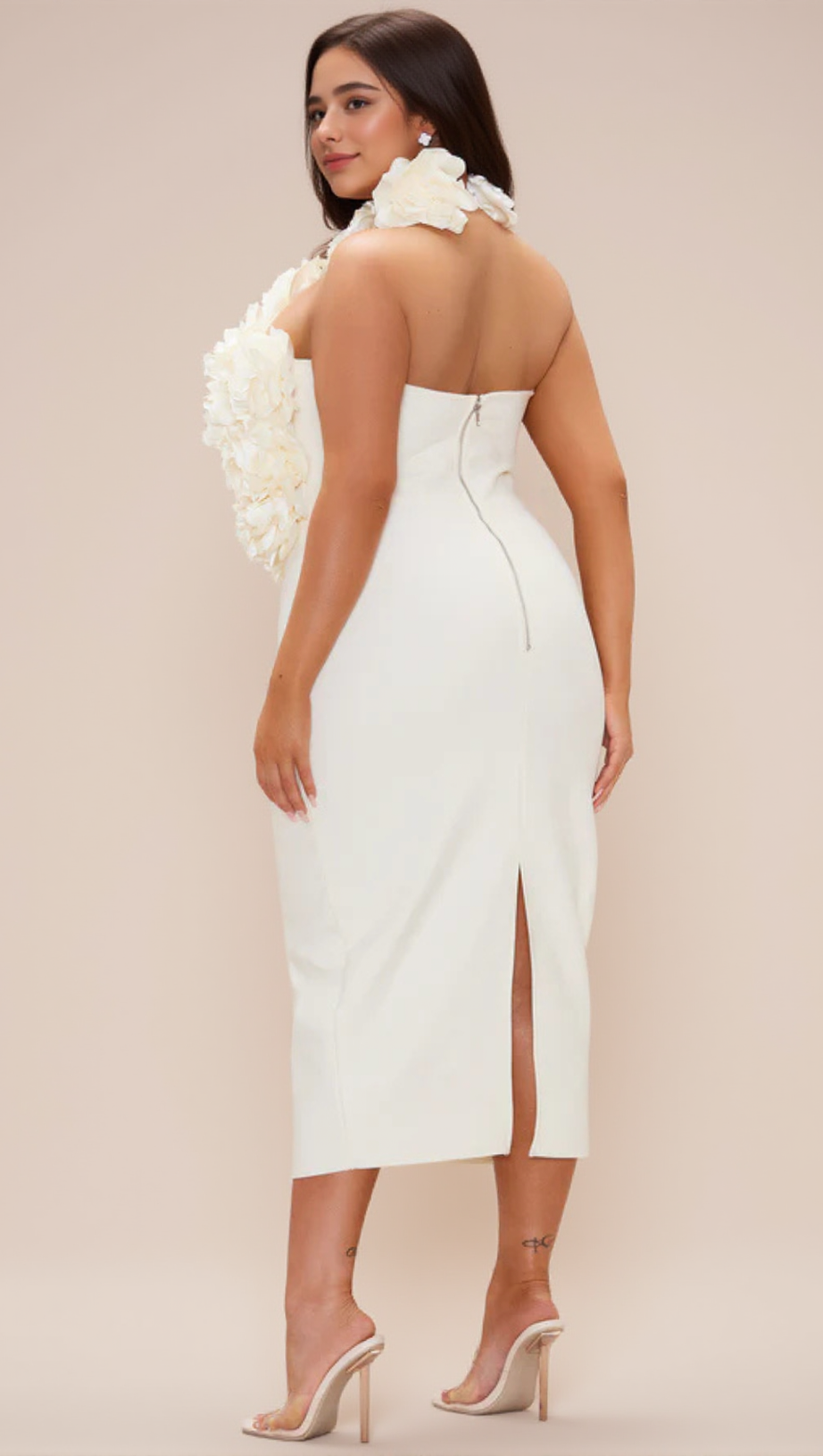 ABITO MIDI CON BENDAGGIO A FIORI IN BIANCO