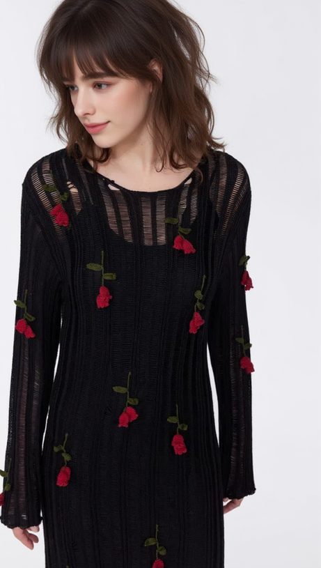 HILARIA ROSE HANDCRAFTED KNIT MIDI DRESS IN BLACK