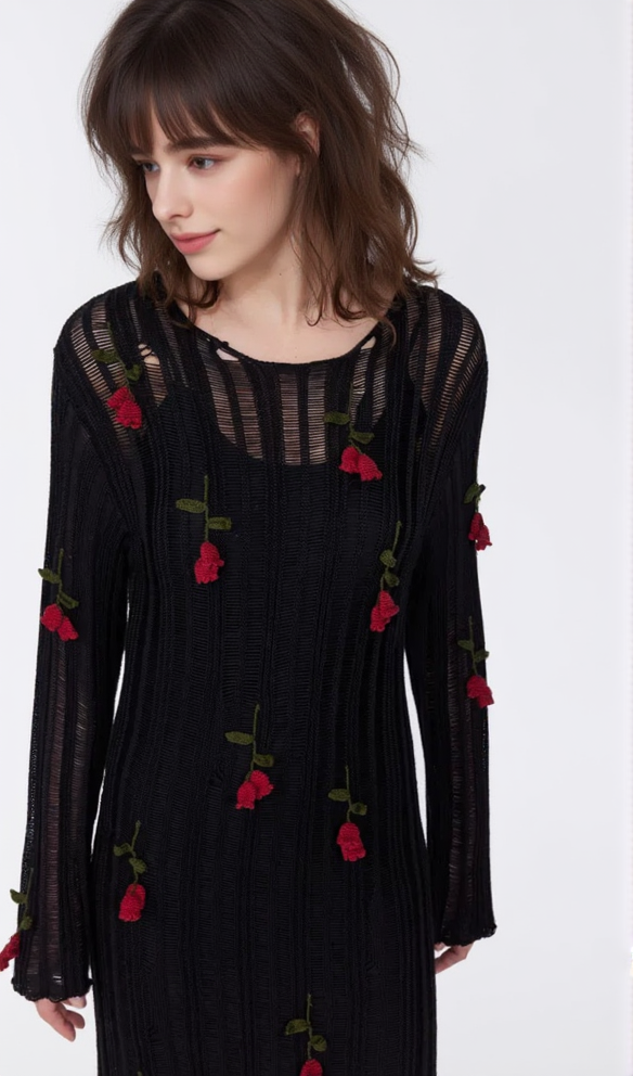AIIZIE HILARIA ROSE HANDCRAFTED KNIT MIDI DRESS IN BLACK - product image