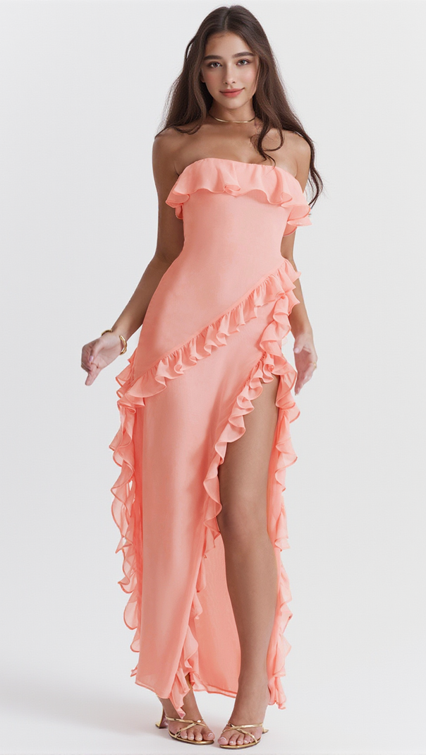 AIIZIE STRAPLESS RUFFLE MAXI DRESS IN PINK - product image