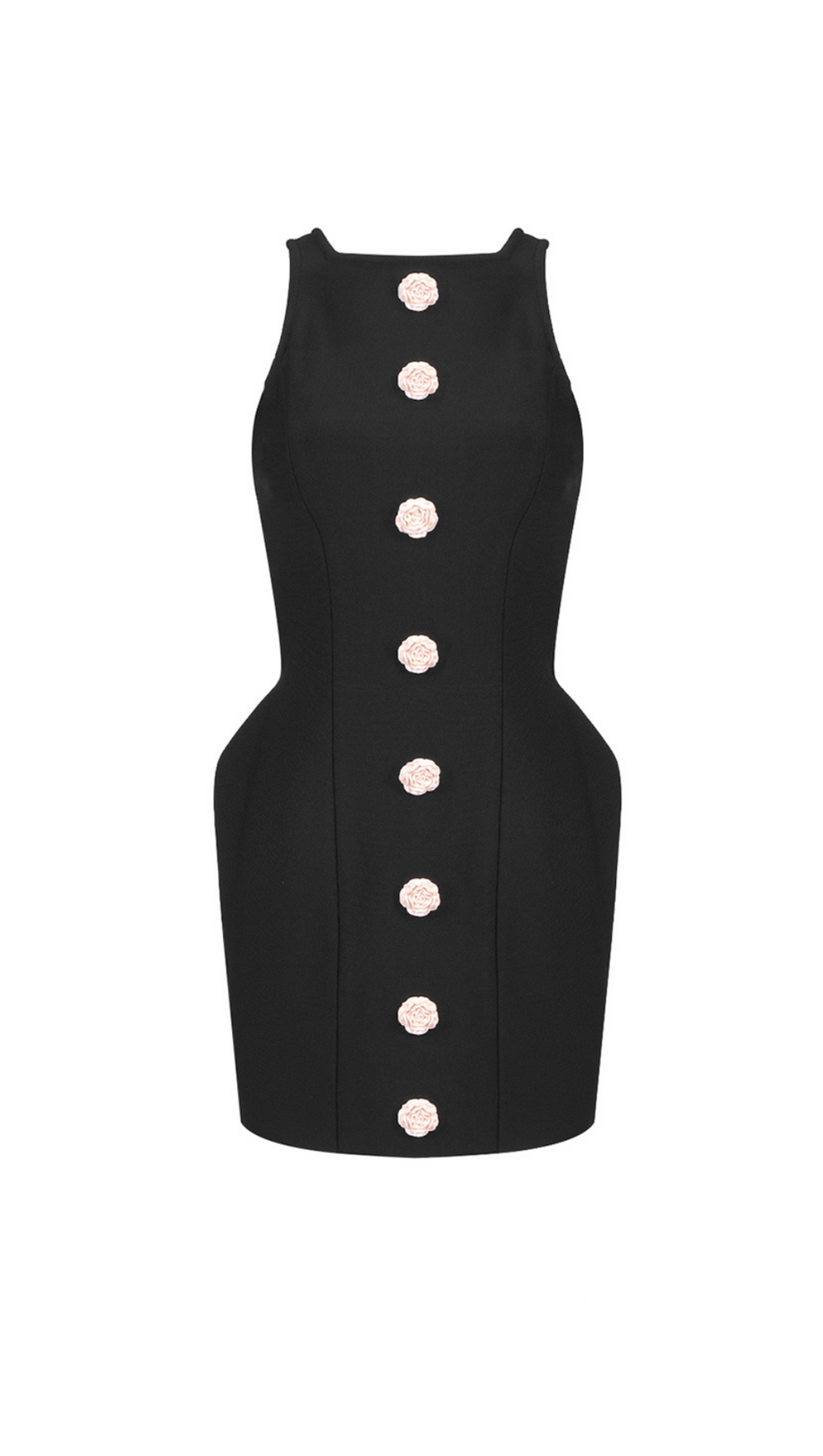 BREENDA BLACK KNITTED MINI DRESS WITH FLOWER BUTTONS