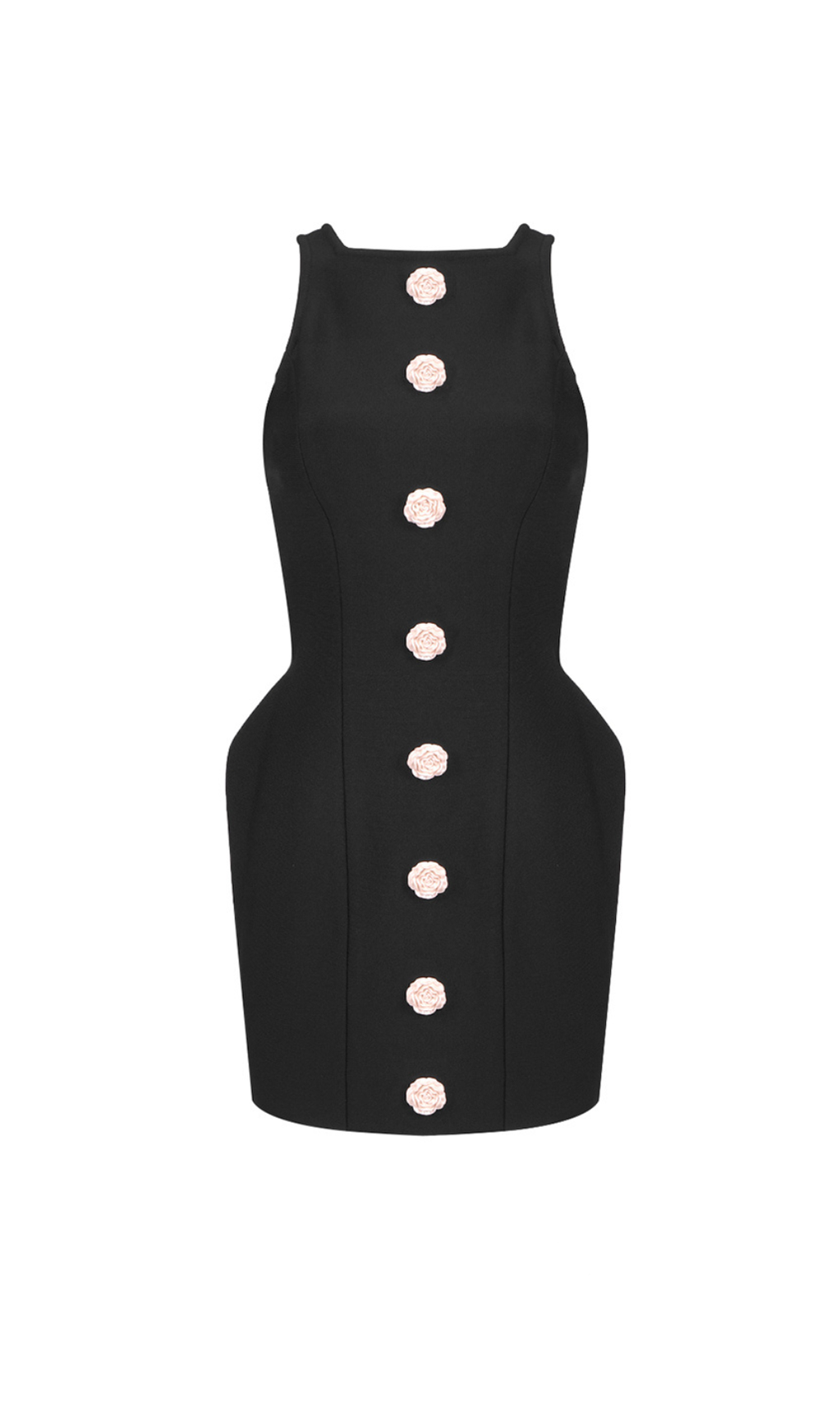 BREENDA BLACK KNITTED MINI DRESS WITH FLOWER BUTTONS