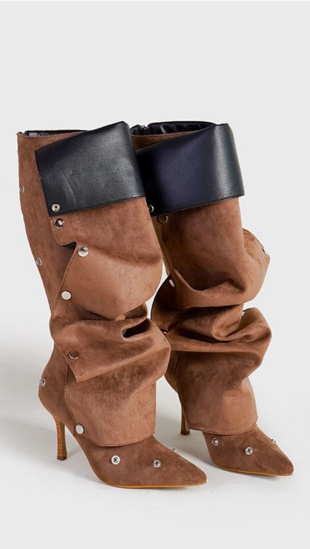 AIIZIE ISABELA APPLIQUÉ RUCHED KNEE-HIGH BOOTS - BROWN - product image