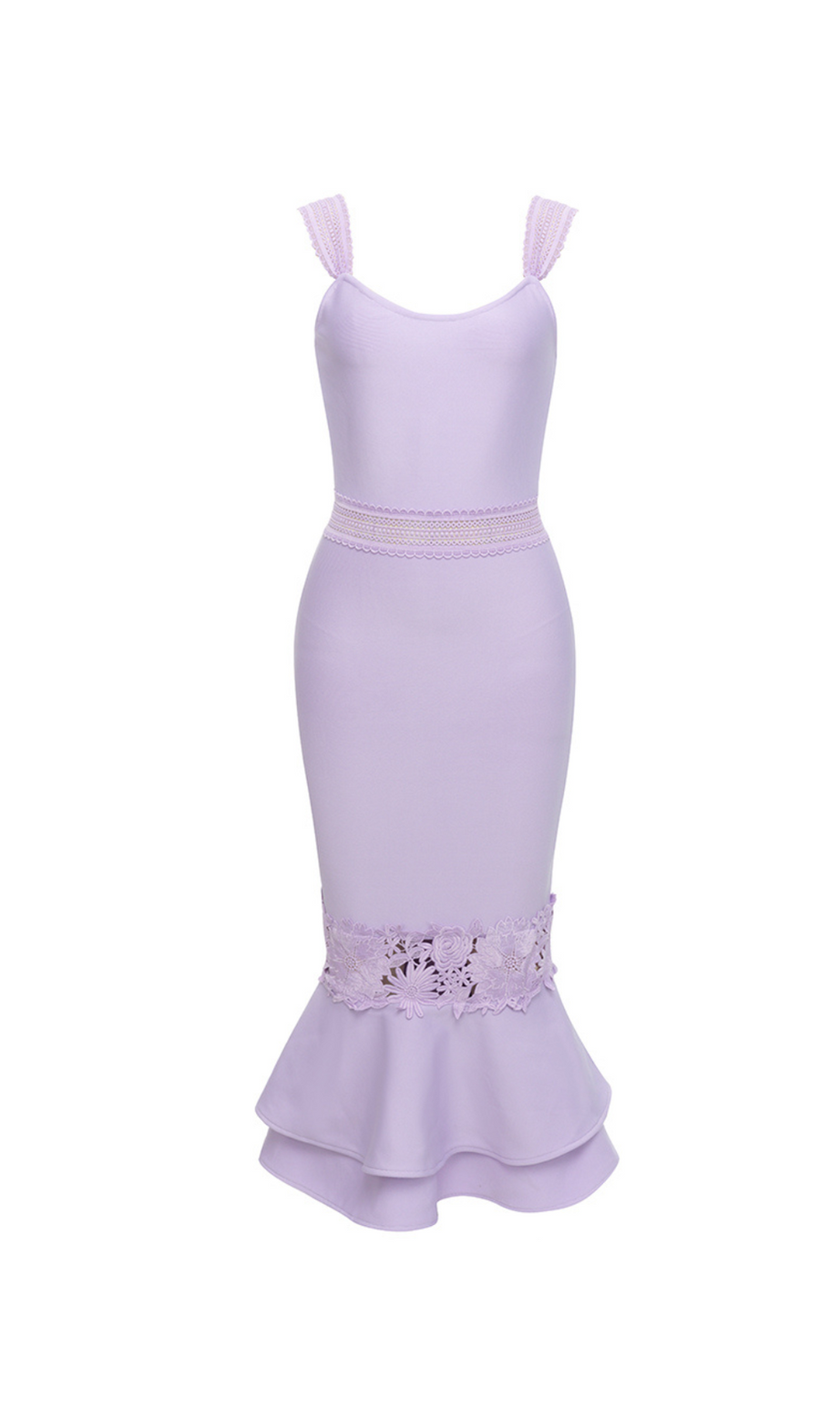 AGATHA – BANDAGE-MIDIKLEID MIT MEERJUNGFRAUEN-SAUM UND BLUMENSPITZE IN LILA